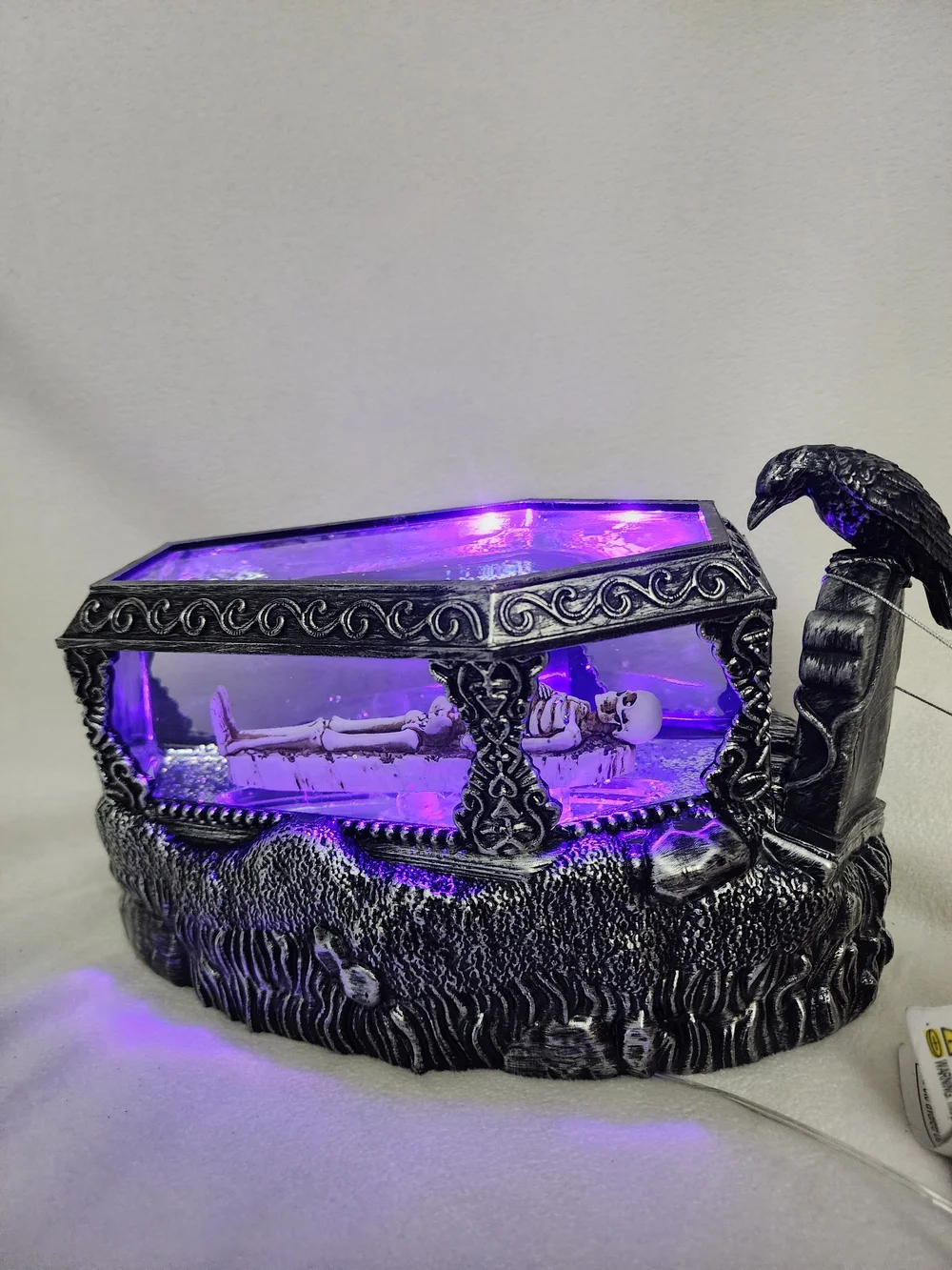 Silver Gothic Raven Glass Lightup Coffin Skeleton Décor